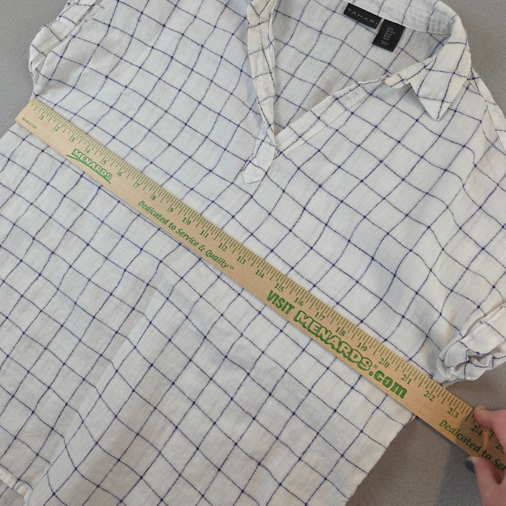 Tahari Womens Medium 100% Linen Windowpane Plaid Short Sleeve Breezy Beach Shirt - Picture 5 of 10